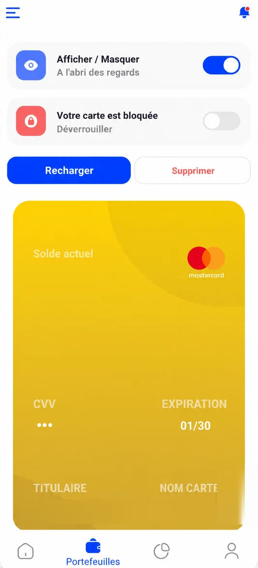 Écran de l'app : bloquer ou débloquer sa carte