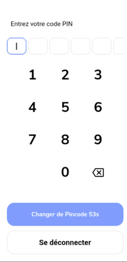 Écran de l'app : saisie du code PIN